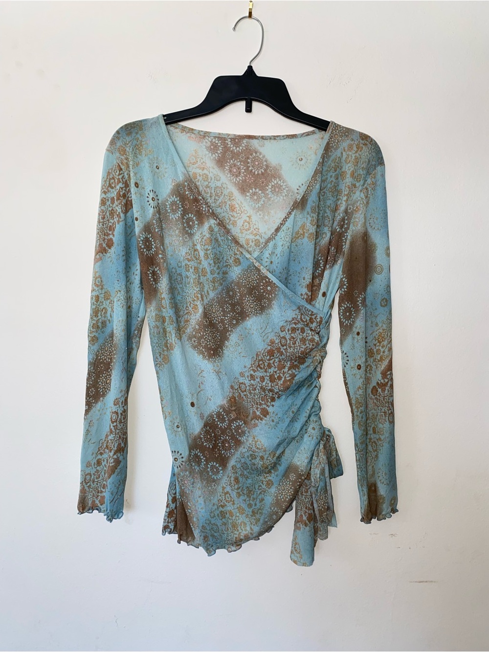 Women’s Wrap-Style Long Sleeve mesh Top in Light Blue and Brown